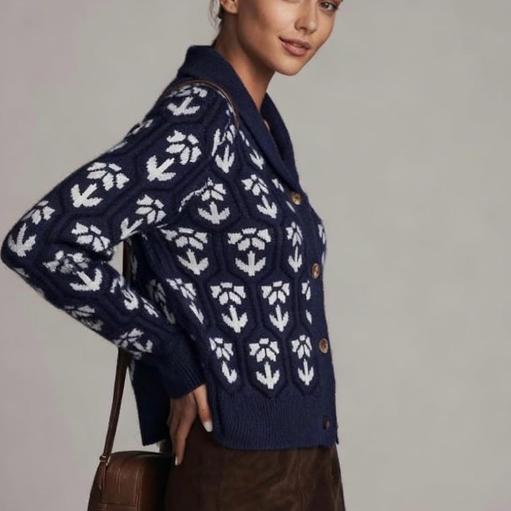 Anthropologie Inspired Navy Blue and White Knit Cardigan Size Medium (fits 8-10) - Picture 3 of 10
